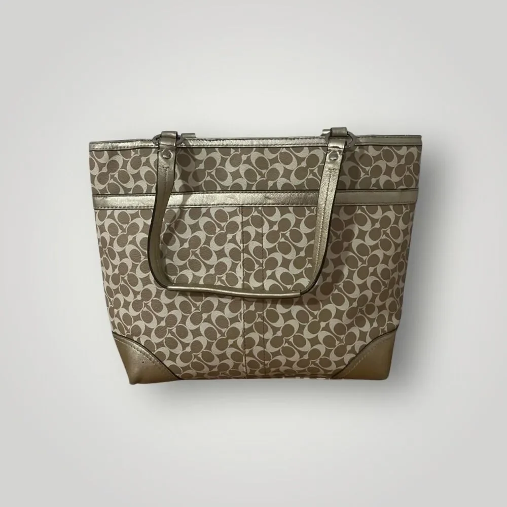 Coach Chelsea Heritage Stripe Signature Tote Bag Gold Beige White EUC